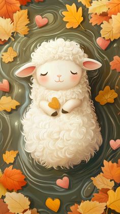 a painting of a white sheep floating in water surrounded by autumn leaves and falling hearts