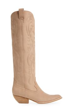 Tonal topstitching underscores the Western style of this knee-high leather boot finished with a tapered block heel and top pull-tabs for an easy-on fit. 2" heel (size 8.5) 17" shaft; 16" calf circumference Pull-on style Leather upper/leather and textile lining/synthetic sole Imported Leather Knee-high Boots With Snip Toe For Spring, Spring Leather Knee-high Boots, Knee-high Calf Leather Boots For Spring, Western Style Fitted Knee-high Boots For Work, Knee High Leather Boots, Leather Boot, Jeffrey Campbell, Western Style, Knee High Boots