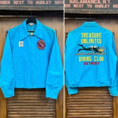 "Vintage 1950's \"Sir Jac\" Embroidered Diving Team Turquoise Cotton Rockabilly Car Club Jacket. Tag Size 40. Please check the measurements below.  Good vintage condition. Fading and some discoloration. (see photos) The label is  \"Sir Jac\".  Original 1950's.  Diving team club jacket with fantastic embroidery and patches.   All Sales Final.   Please ask any questions before purchase.   Take a look at our Store for more Vintage Clothing - VintageOnHollywood.   MEASUREMENTS  Shoulder to Shoulder: Customised Clothes, Rockabilly Cars, Jacket With Patches, Club Jacket, Vintage Sportswear, Vintage Patches, Work Jacket, Car Club, Work Jackets