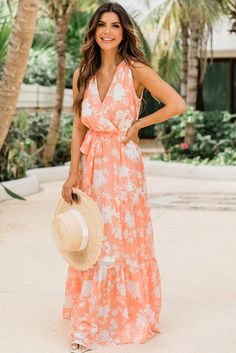 Orange Deep V Neck Sleeveless Empire Waist Floral Print Maxi Dress Empire Waist Maxi, Empire Waist Maxi Dress, Orange Floral Print, Orange Maxi Dress, What To Wear To A Wedding, Ocean Sunset, Floral Print Maxi Dress, Floral Print Maxi, Layer Dress