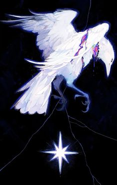 a painting of a white bird flying in the night sky with its wings spread out