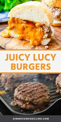 juicy juicy burgers on a grill with cheese and lettuce in the background