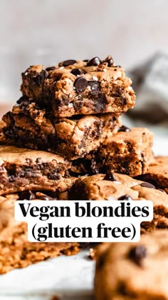 vegan blondies gluten free chocolate chip cookies stacked on top of each other