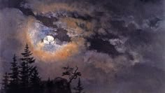 a painting of the night sky with clouds and trees