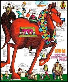 an advertisement for the horse that is running with many people around it, including children and adults