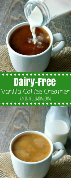 two cups of dairy - free vanilla coffee creamer