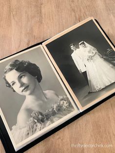 an old photo of a woman in a wedding dress and another photograph of a man in a gown