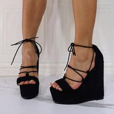 TAAFO Black Vegan Suede Wedges Heel Platform Lace Up Sandals US 3 / EU 33-Black Cowboy Shoes, Elegant High Heels, Boots Square Toe, Lace Up Wedges, Suede Boots Knee High, High Heel Wedges, Platform Sandals Heels, Black Vegan, Suede Wedges