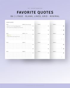 the front and back pages of a printable planner with text that reads favorite quotes