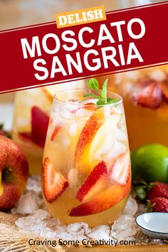 Glass of Moscato sangria with apples and strawberries garnished in it. Moscato Drinks Recipes, Fall Moscato Sangria, Breakfast Sangria Brunch, Strawberry Sangria Recipes Easy, Red Moscato Sangria, Sangria With Moscato, White Sangria Recipe Moscato, Sangria Recipes Easy Moscato, Apple Moscato Sangria