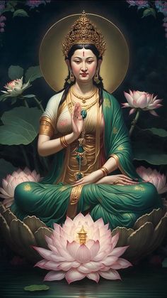 the buddha statue is sitting in front of some water lilies and lotuses with her hands clasped together