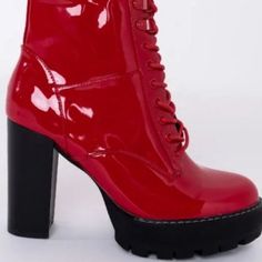 Patent Leather. Stacked Chunky Heel And A 1” Platform. Fiery Red Grommets And Lace. Inside Zipper Closure.4” Stacked Heel.5” Shaft Height., Azalea Wang. Final Sales Toms Booties, Ankle Boots Dress, Fringe Ankle Boots, Michael Kors Boots, Bow Boots, Azalea Wang, Black Suede Ankle Boots, Black Leather Wedges, Buckle Ankle Boots