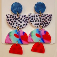 Nwot Fun Statement Geometric Multi-Color Multi-Shape Drop Earrings Brand New Never Used No Damage Statement Piece Drop Earrings!! You Got Polka Dots, Solids, Shapes, & Colors! Definitely Stand Out And Unique! Plastic Material Posh Ambassador Ii Fast Shipping #White #Black #Red #Blue #Green #Teal #Turquoise #Pink #Purple Vibrant Blue Drop Earrings, Bold Blue Handmade Earrings, Bold Handmade Blue Earrings, Fun Blue Drop Earrings, Vibrant Blue Earrings For Summer, Vibrant Blue Dangle Earrings, Vibrant Blue Earrings For Party, Vibrant Blue Summer Earrings, Artsy Blue Earrings For Party