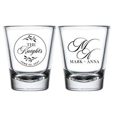 two shot glasses with the names and date printed on them