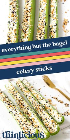 celery sticks with sprinkles on them and the words everything but the bagel