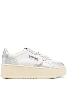 off-white/silver-tone calf leather metallic sheen panels panelled design round toe perforated toebox logo patch to the side logo patch at the tongue branded heel counter logo at the sole branded leather insole French terry lining platform rubber sole front lace-up fastening Silver Platform Shoes, Tone Calves, Silver Platforms, Metallic Sneakers, Versace Outfit, Sneakers Grey, Summer Beach Wear, Flat Boots, Ballet Flat Shoes