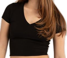 Black Seamless V-neck Top, Basic V-neck Stretch Crop Top, Trendy Seamless V-neck Top, Casual V-neck Stretch Crop Top, Casual Stretch V-neck Crop Top, Black Tee, Rib Knit, Womens Tees, Short Sleeves