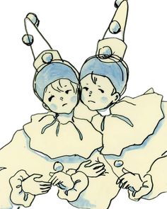 an image of two children laying on their stomachs in hospital gowns and hats