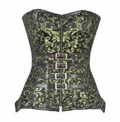 Complete your steampunk look with this women's authentic steel bone golden black brocade overbust corset. Crafted from heavy-duty fabric and lined with 100% cotton, this corset is designed to help you achieve the perfect fit with adjustable buckles. Whether you're attending a costume party or hitting the club for a night of fun, this corset will have everyone talking. Get the look that will turn heads with this stunning corset. Boost your confidence in this golden overbust corset. It is made of heavy-duty fabric and has a brocade print design with a front zipper opening. It has four buckle straps in front and the hemline has a faux leather patchwork detail. Add this overbust corset to your corset collection because it is comfortable to wear as the lining is made from 100% cotton material. Black Pirates, Corset Plus Size, Brocade Print, Steampunk Woman, Wedding Corset, Fashion Corset, Steampunk Women, Goth Corset, Waist Cincher Corset