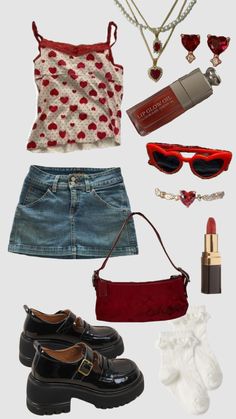 a woman's clothing and accessories including shoes, sunglasses, lipstick, bracelets