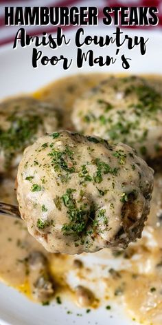 a close up of a spoon with food on it and the words hamburger steaks amish country por man's