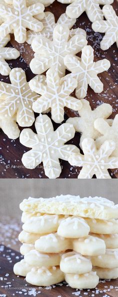 some cookies that are on a table and one is decorated with snowflakes in the background