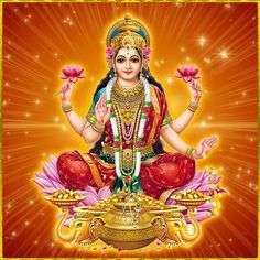 the hindu god sitting on top of a lotus in front of an orange and yellow background