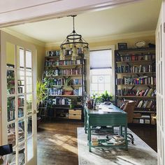 a room with many bookshelves and plants on the shelves in front of it