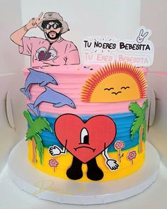 a colorful cake with an image of a man holding a heart