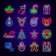 christmas neon signs on a brick wall with presents and gifts stock photo - 1387982