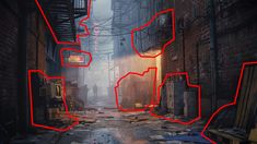 an alleyway with red neon lights in the middle and lots of debris on the ground