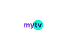 the logo for mytv is shown in blue and purple on a white background with an oval