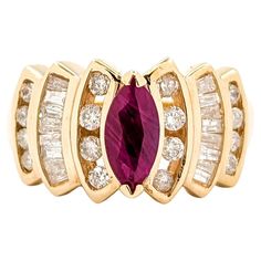 Retro Ruby & Diamond Cocktail Ring in Yellow Gold Introducing this beautiful ruby ring, meticulously crafted in 14k yellow gold. The ring features a captivating 0.70ct marquise cut Ruby centerpiece, complemented by 0.50ctw round and baguette cut diamonds. The sparkly 0.50ctw diamonds are of I clarity and have a near colorless white hue, enhancing the overall brilliance of the design. This exquisite ring is currently available in size 6.5 and can be adjusted upon request for an additional fee, en Gia Certified Luxury Vintage Ruby Ring, Luxury Gold Ruby Ring With Multi-stone, Luxury Yellow Gold Ruby Ring Oval Cabochon, Luxury Vintage Multi-stone Ruby Ring, Vintage Multi-stone Ruby Ring In 14k Gold, Yellow Gold Cocktail Ring, Timeless Ring, Ruby Diamond Rings, Gold Cocktail