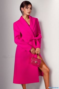 Women's Soft Pink Overcoat by Cliona Spring Long Belted Wool Coat, Spring Long Sleeve Belted Pea Coat, Belted Long Sleeve Pea Coat For Spring, Winter Party Outerwear With Pockets, Fitted Solid Color Pea Coat For Spring, Chic Belted Pea Coat For Winter, Fitted Solid Color Spring Pea Coat, Winter Outerwear With Pockets For Parties, Chic Long Sleeve Belted Pea Coat