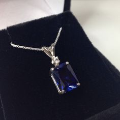 "Beautiful Blue & White Sapphire Pendant Necklace * Emerald Cut Blue Sapphire measures 8x6mm * Brilliant Cut White Sapphire Accent * 2cts total Gemstone weight * Solid Sterling Silver * 18\" Sterling Silver Chain Included Hallmarked & Gift Ready! Matching Earrings & Ring Also Available! These pieces can also be set in 14kt Yellow Gold or 14kt White Gold - message me for details This 2ct Sapphire is Laboratory Grown & is identical to natural in every way, including Chemistry, Comp Beauty And The Beast Bedroom, Sapphire Pendant Necklace, Necklace Emerald, Sapphire Necklace Pendants, Blue Sapphire Necklace, Fine Art Jewelry, Sapphire Pendant, Sapphire Necklace, Lovely Necklace