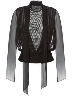 black silk semi-sheer construction sheer mesh panel with crystal embellishment scarf detailing round neck long sleeves straight hem rear button fastening Bible Interpretation, Wardrobe Edit, Fashion Inspiration Design, Alberta Ferretti, Crystal Embellishment, Mesh Panel, Lady Dior, Suit Jackets, Silk Top