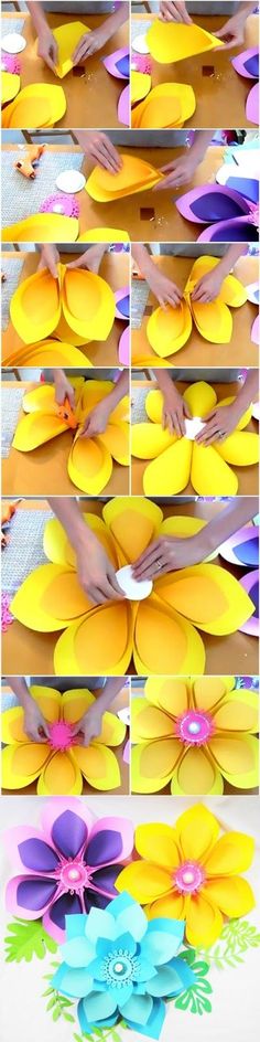 paper flowers are being cut and placed on top of each other, with the same color