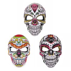 PRICES MAY VARY. 💀Package Inclued: You will get 3 pieces Halloween full face day of the death sugar skull mask with different styles, gorgeous unique design with bright colors and classic Halloween elements, like skull, teeth, flower, leaf, diamond and flame, free to show your personality. 💀Reliable Material: The adorable masquerade masks are made of high quality EVA, safe and durable, creepy and funny masks let you more mysterious. 💀Easy to Wear: Come with an black elastic band, keep the mas Skull Teeth, Sugar Skull Mask, Day Of The Dead Mask, Sugar Skull Face, Mask For Halloween, Skull Face Mask, Halloween Elements, Halloween Parade, Monster Theme