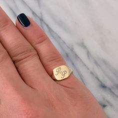 "This square shaped traditional signet style ring is composed of 14K solid gold & can be made finished with a raised cameo style engraving or a traditional style engraving of any initial letter or words in any font style you wish to have. NOTE: Please indicate the specific font style desired in the 'Note to Seller' section upon checkout. We will also gladly send a mock-up rendering of the engraving prior to purchasing the item by kindly sending us a \"Custom Order Request\" for the assurance Initial Rings, Word Ring, Gold Designs, Gold Signet Ring, Custom Initials, Affordable Gifts, Initial Letter, Font Style, Initial Letters