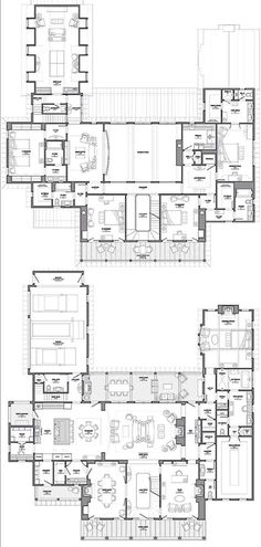 two floor plans for the first and second floors of an apartment building, with multiple living areas