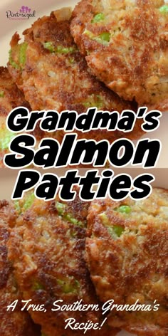 grandma's salmon patties recipe on a plate with text overlay that reads grandma's salmon patties