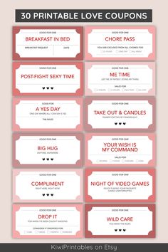 coup cards with the words printable love coupons on them and hearts in red