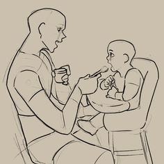 a drawing of a man feeding a baby with a spoon in his mouth while sitting on a chair