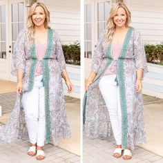 Treasure this kimono the sage color is so pretty and the tie at the waist is so flirty and fun and the flowy long style of this is so chic! We love this layered over a simple tank with some white skinnies! 

100% Polyester White Skinnies, Sage Color, Treasure Island, Long Style, So Pretty, Kimono Top, Cover Up, Women's Top, White