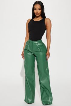 Available In Black And Hunter. Trouser Pant High Rise Button Zipper Closure Front Pleating Hand Pockets Wide Leg Faux Leather Non Stretch Coating: 100% Polyurethane Base Fabric: 100% Polyester Imported | Nia Faux Leather Trouser in Hunter size XS by Fashion Nova Creative T Shirt Design, Fashion Nova Outfits, Photography Poses Women, Ribbed Bodysuit, Leather Trousers, Going Out Outfits, Black Bodysuit, Casual Fits, Pretty Outfits