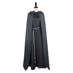 a black cape and dress on a mannequin's dummyt, with the cloak draped over it