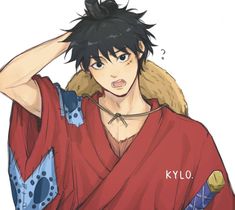 an anime character wearing a red shirt and holding his hair in the air with one hand