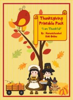 the thanksgiving printable pack includes an image of two children sitting under a tree, one with