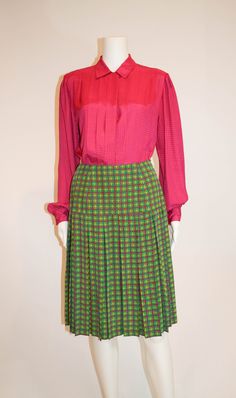 "Gorgeous Silk Skirt in bright green with magenta and yellow window pane check overlapping pattern. Drop Waist with flat pleats - so flattering!  No Maker Tag  Size: 4  Measures laying flat: 13.5\" across waist, 24\" waist to hem 100 % Silk" Overlapping Pattern, Magenta And Green, Yellow Window, Magenta And Yellow, Window Pane, Silk Skirt, Green Plaid, Drop Waist, Bright Green