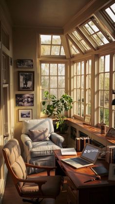 a sun room filled with lots of windows next to a desk and chair in front of a window